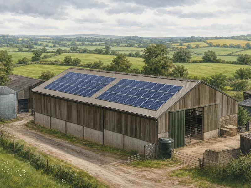 Illustration of a British farm building with rooftop solar